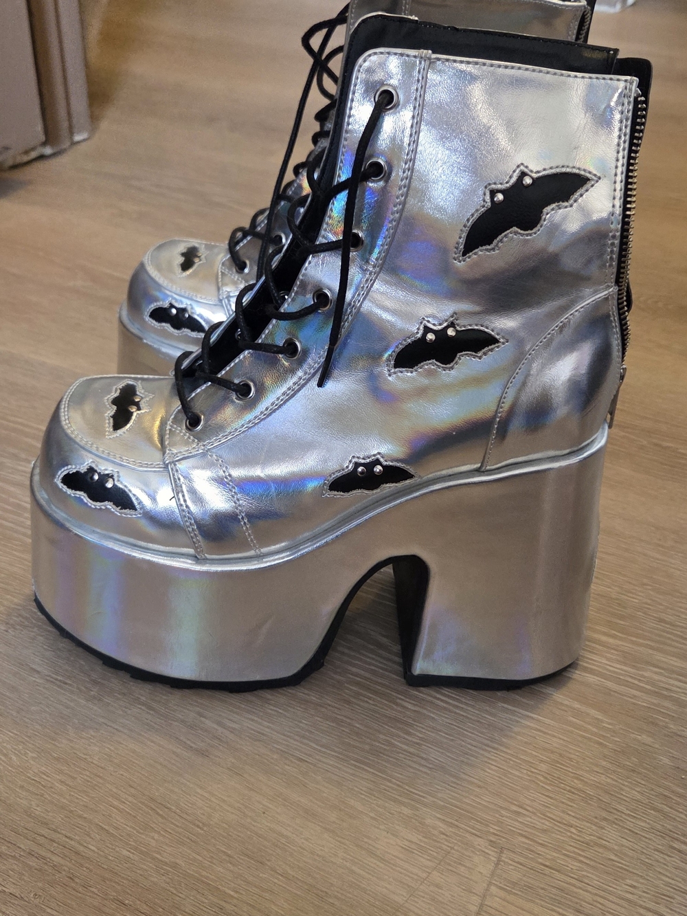 Demonia Silver Holographic Bat Platform Lace-Up Boots Size 9